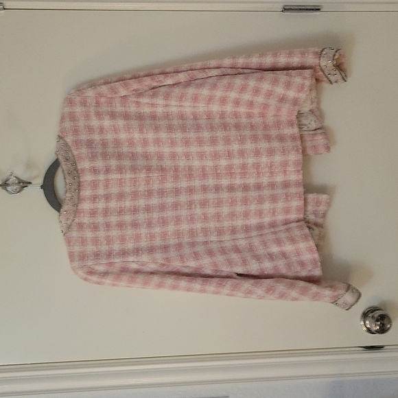 BEREK by TAKAKO SAKON Pink Plaid Tweed Lace Beaded Embellished Blazer - Picture 9 of 16